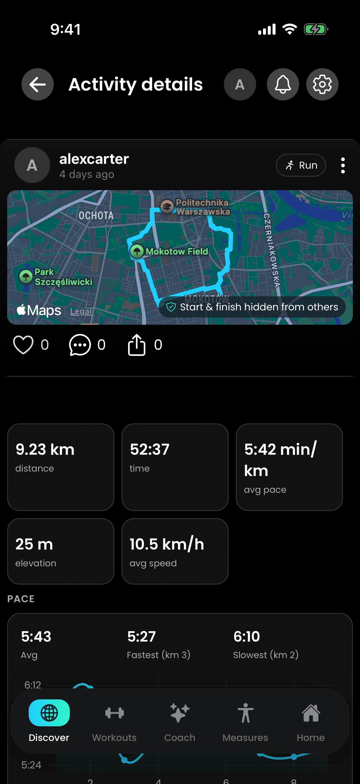 Gainflow on iPhone: a finished GPS run with its route on a map, distance, time, pace and the pace of each kilometer.