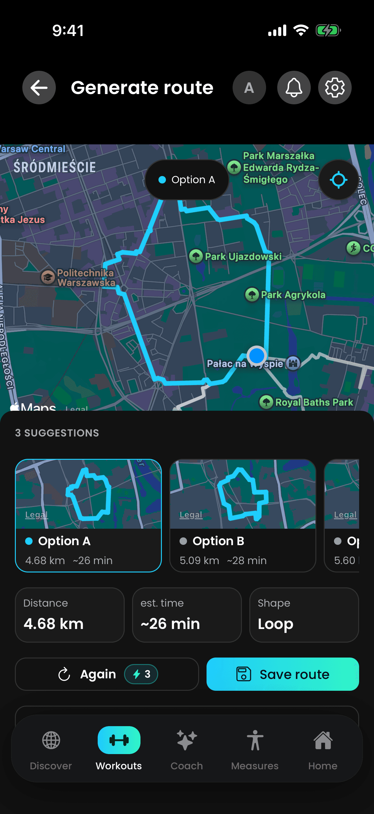 Gainflow on iPhone: the route generator with three suggested running loops around a start point, each with its distance and estimated time.