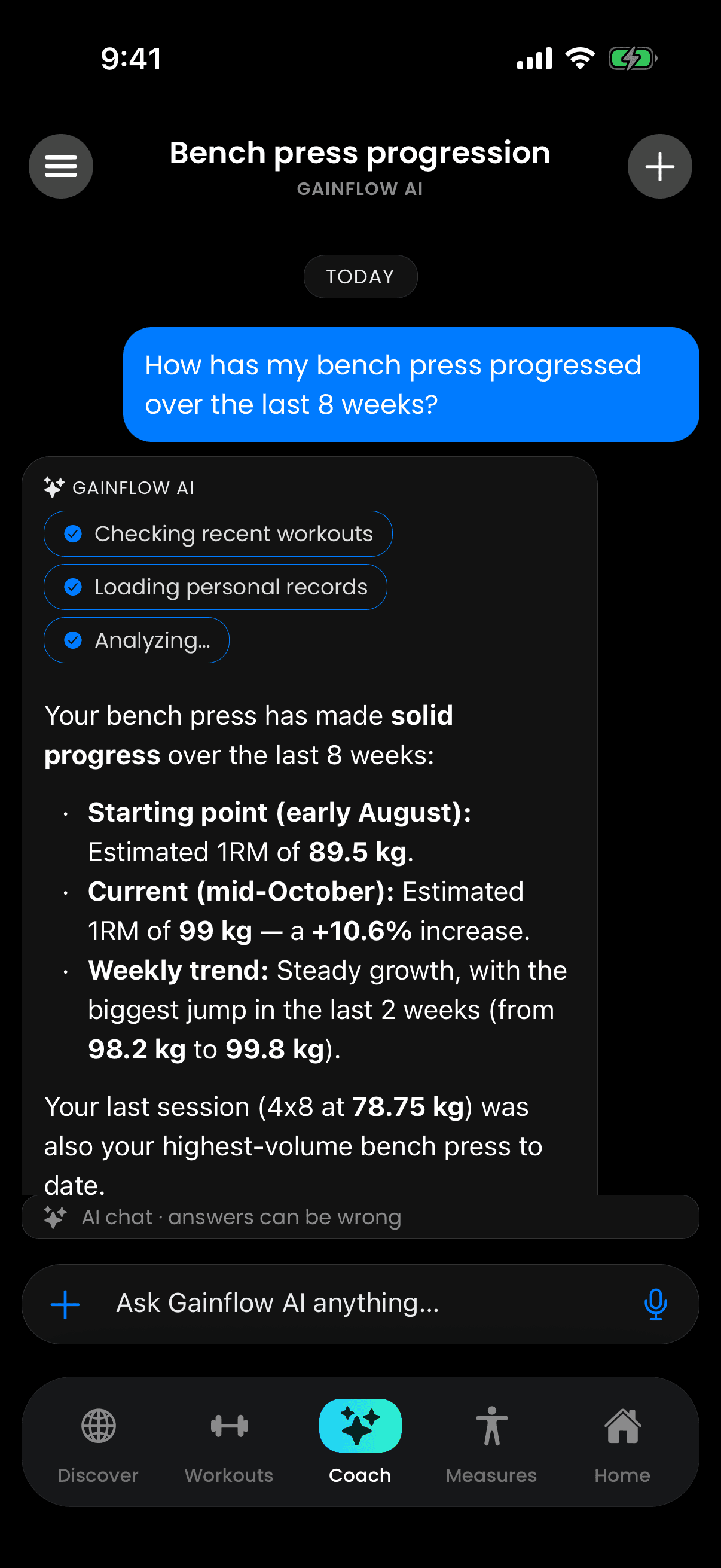 Gainflow on iPhone: a chat with Gainflow AI about bench press progress, answered from the logged workouts and personal records.