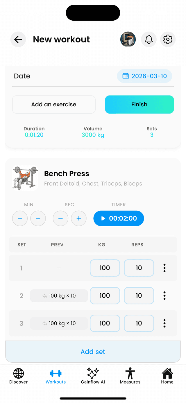 Gainflow workout tracker app showing progressive overload tracking and exercise logging interface