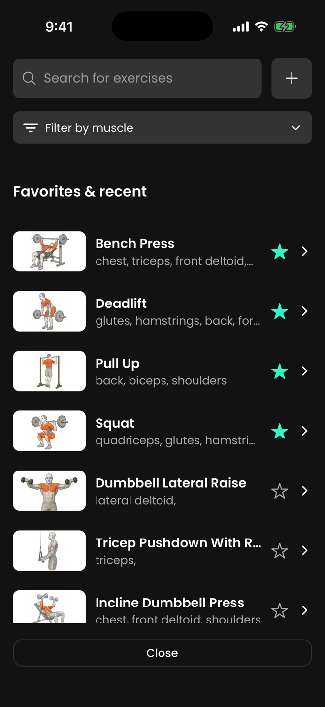 Seletor de exercícios do Gainflow no iPhone abrindo com a seção Favoritos e recentes e uma estrela ao lado de cada exercício