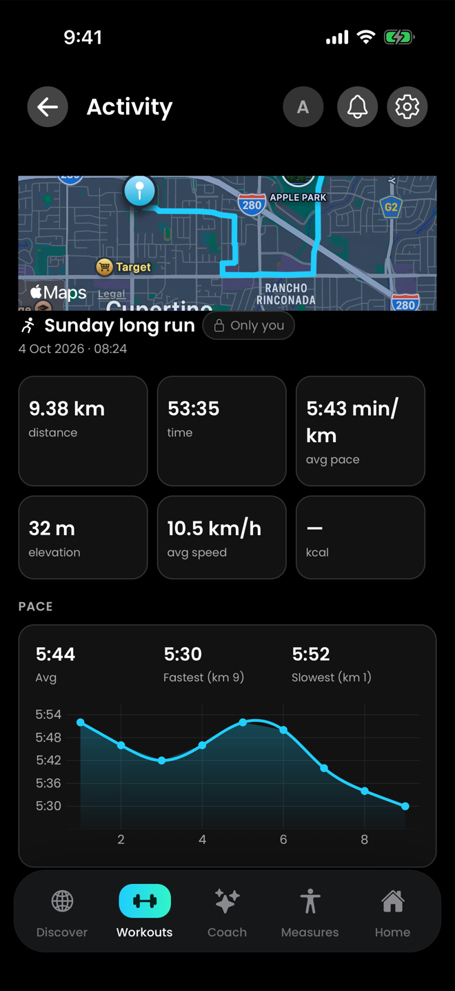 Corrida concluída no Gainflow no iPhone com o mapa da rota, os blocos de estatísticas e um gráfico de ritmo por quilômetro