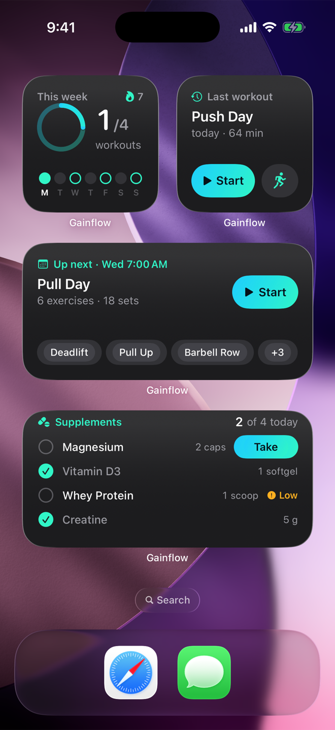 Tela de Início do iPhone com os widgets Começar, Semana, A seguir e Suplementos do Gainflow