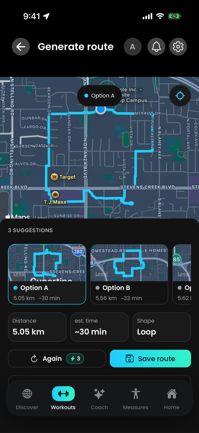 Gerador de rotas do Gainflow no iPhone com uma sugestão de rota circular de corrida desenhada no mapa