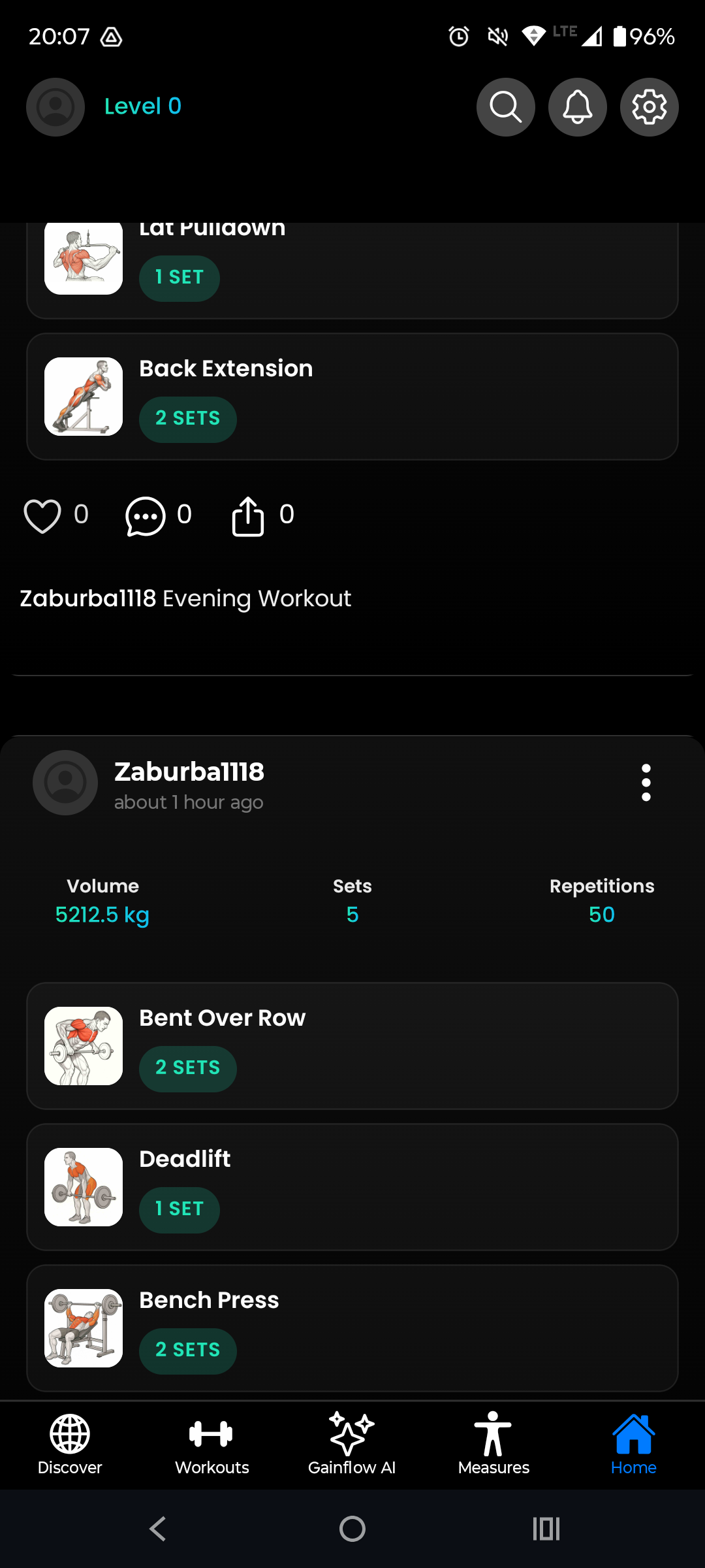 Zobrazení historie tréninků v Gainflow naplněné lekcemi importovanými z aplikace Strong