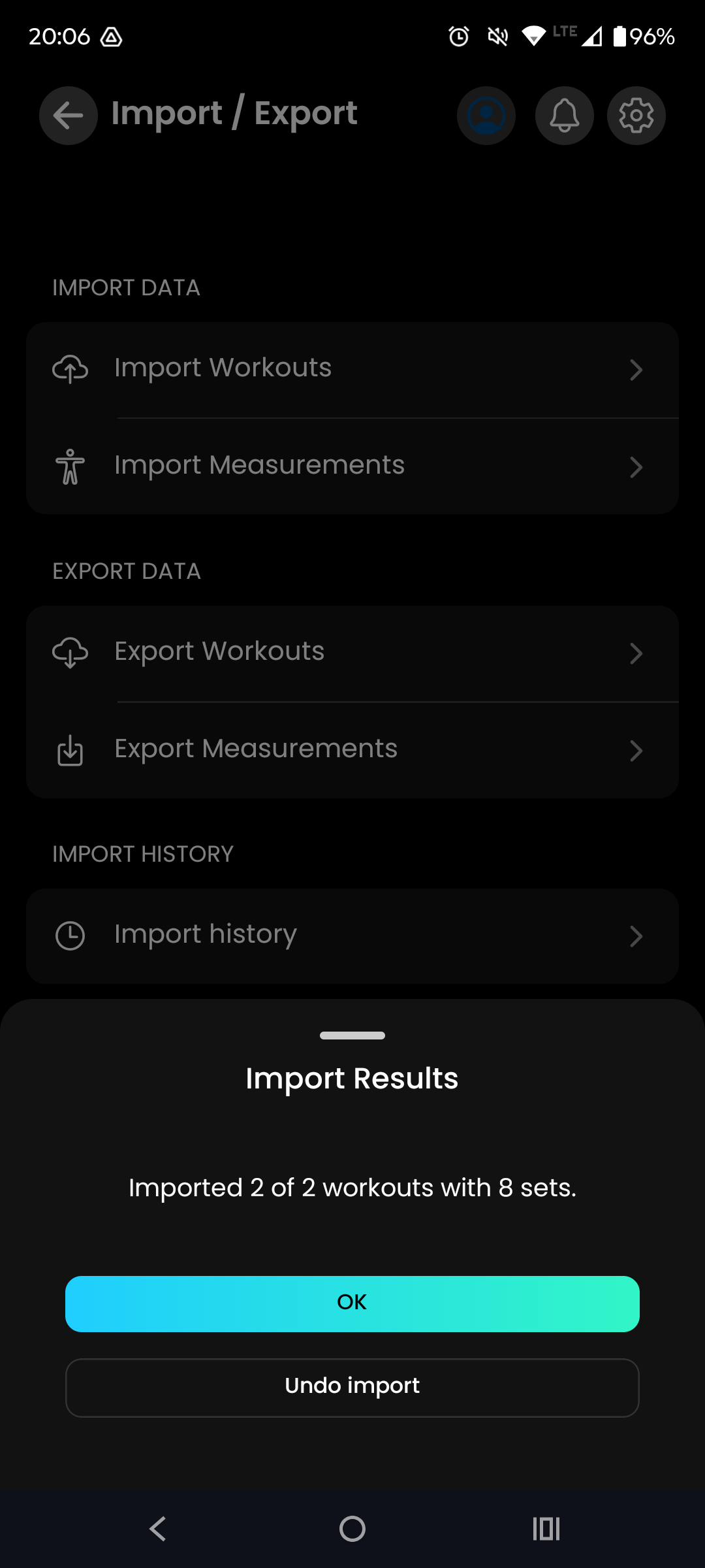 Souhrn importu v Gainflow potvrzující úspěšný import všech tréninků ze Strong