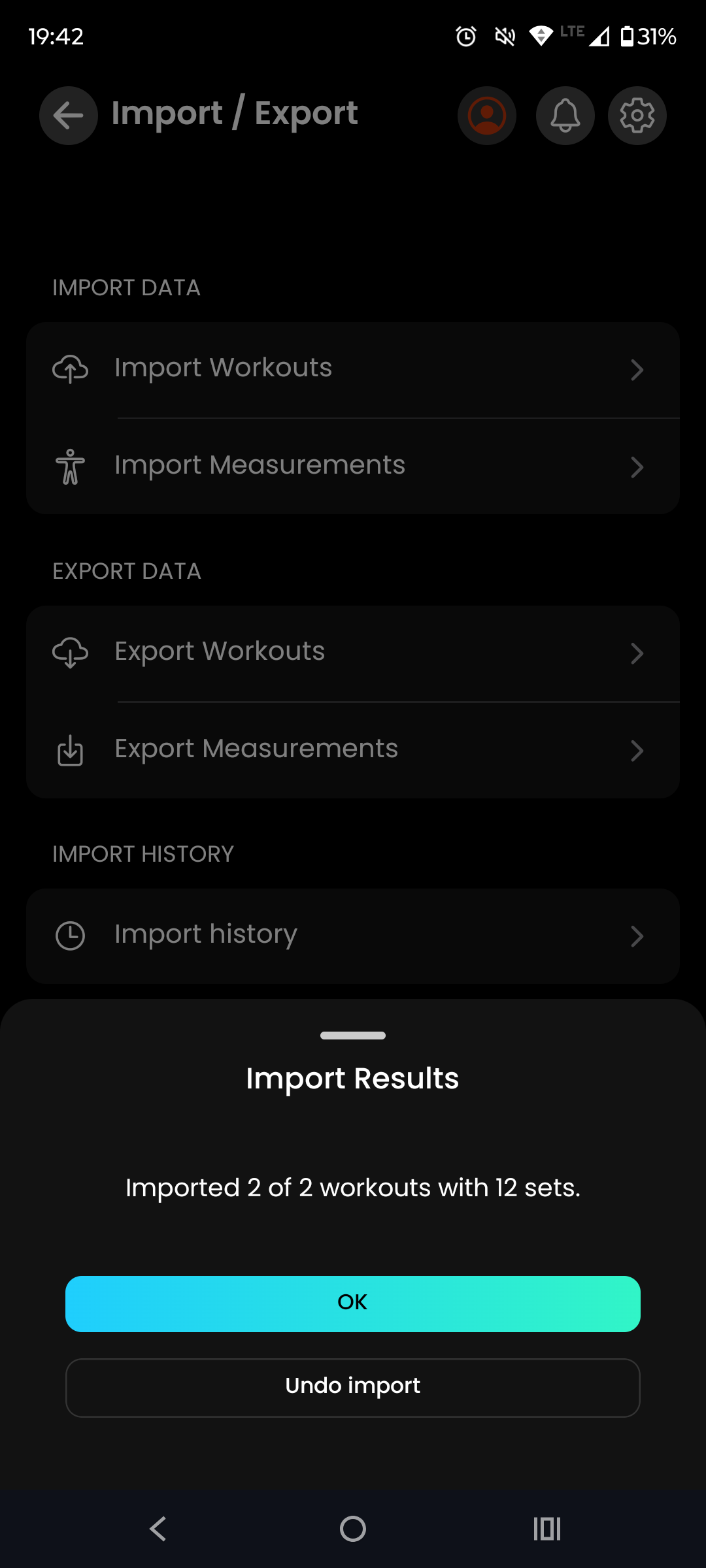 ملخص استيراد Gainflow يؤكد استيراد جميع تمارين Hevy بنجاح