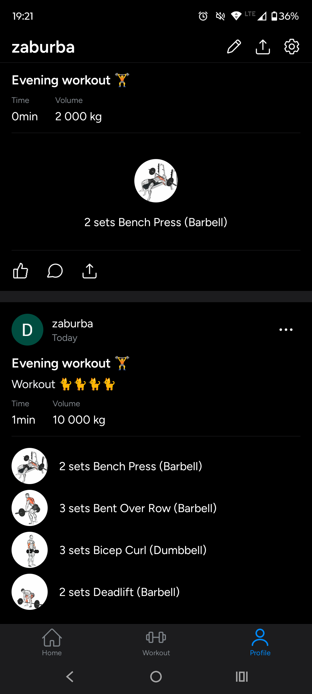 قائمة التمارين المسجّلة في تطبيق Hevy معروضة قبل تصدير ملف CSV